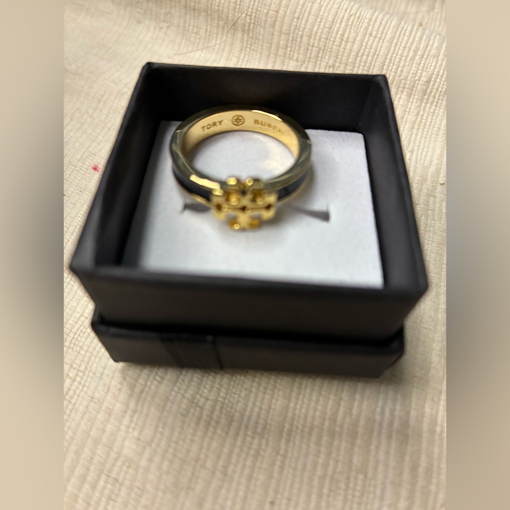Tory Burch Black and Gold Logo Ring - Picture 3 of 6